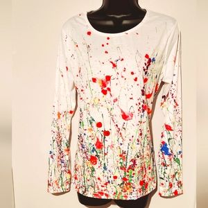 Women's White Tie Dye Polyester Round Neck Long Sleeve Casual Top Shirt L.. NWT